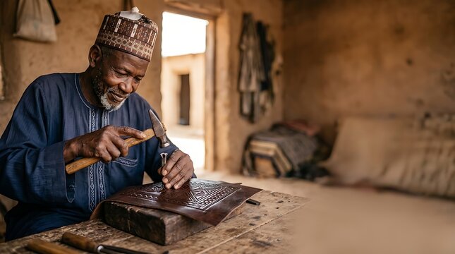 African craftsman embossing intricate patterns on leather piece