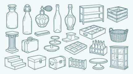 Fototapeta premium Collection of vintage objects and containers in a line drawing style.