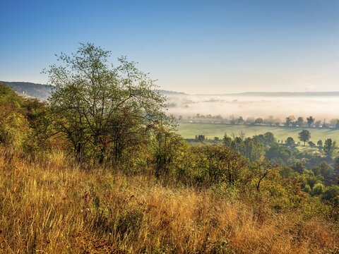 Morning atmosphere in the Saale Valley in autumn, fog sweeps through the valley, Naumburg, Saxony-Anhalt, Germany