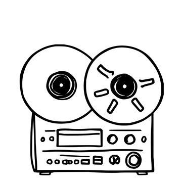 Vintage reel-to-reel tape recorder doodle illustration set with thick marker lines featuring retro style, whimsical design, and white background
