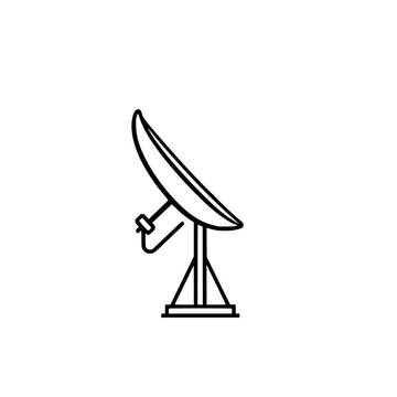 Satellite dish icon set with technical pixel-perfect lines featuring global signal symbol, white background, and UI design