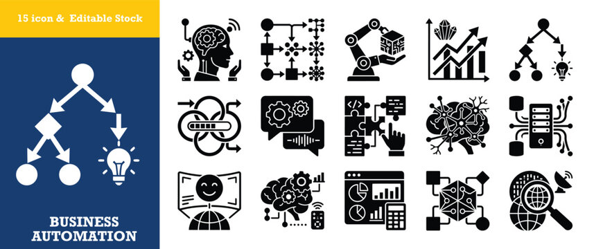 Business automation vector icon set in glyph style including decision tree and AI solutions.