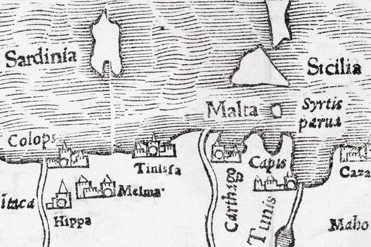 North Africa with Sardinia and Malta, detail, earliest printed map of the entire African continent, woodcut by Sebastian M&uuml;nster from Cosmographia Universalis, Basel 1550, Switzerland
