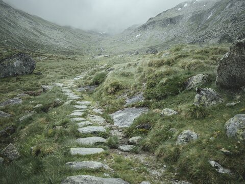 Historical sower's path along which Holocaust survivors travelled from Austria to Italy in 1947 in order to embark for Palestine, Krimmler Tauern, Pinzgau, Salzburg, Austria