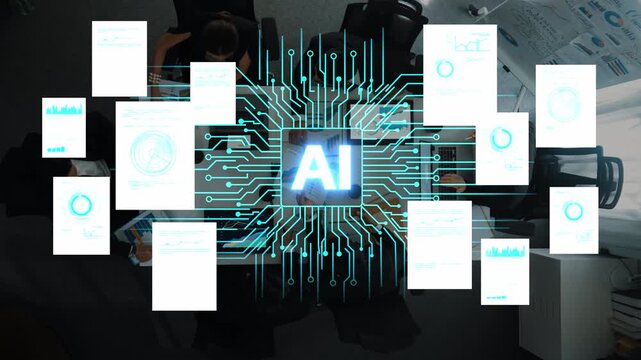 Futuristic Office Setting with AI Concept Depicted Through Digital Circuits and Data Reports Surrounding Central AI Icon. Entropy.