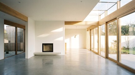 Fototapeta premium Contemporary minimalist interior with open-plan living space featuring a fireplace and large windows