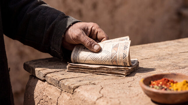 Close-up of a merchant hands counting fictional regional currency bills with geometric patterns on a rustic wooden counter in an emerging market, concept of microfinance.