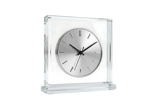 Modern square crystal desk clock with a silver round dial for home and office decoration isolated on white background