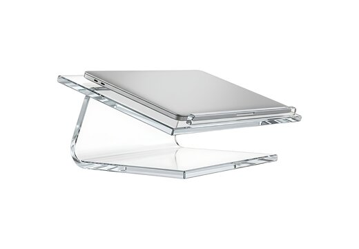 Closed silver laptop computer resting on a clear acrylic stand for desk organization isolated on white background