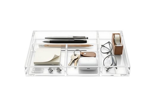Clear plastic desk organizer tray with pens keys glasses and office supplies isolated on white background