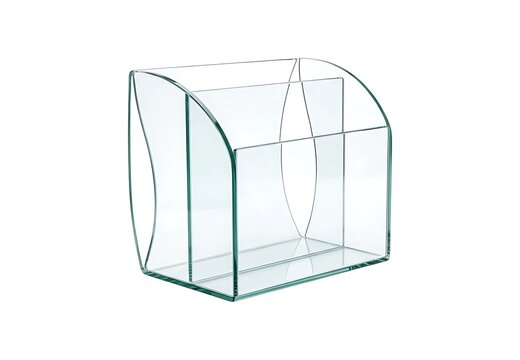 Clear acrylic desktop organizer for office supplies and pens isolated on white background