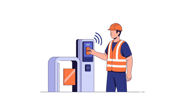 Industrial worker using NFC card reader for site access control illustration