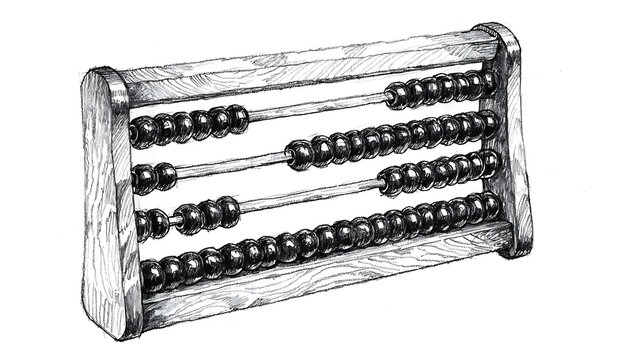 Vintage abacus with black beads on wooden frame