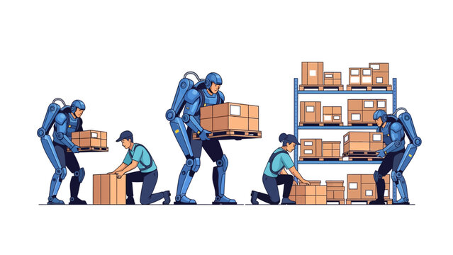 Warehouse workers using robotic exoskeletons for heavy lifting in modern logistics facility illustration