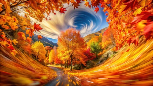 Abstract swirling autumn leaves dance amidst arrowtowns vibrant oranges reds and yellows in october