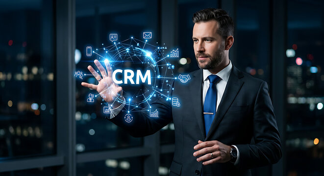 Man interacting with CRM system hologram, customer relationship management and business networking concept.