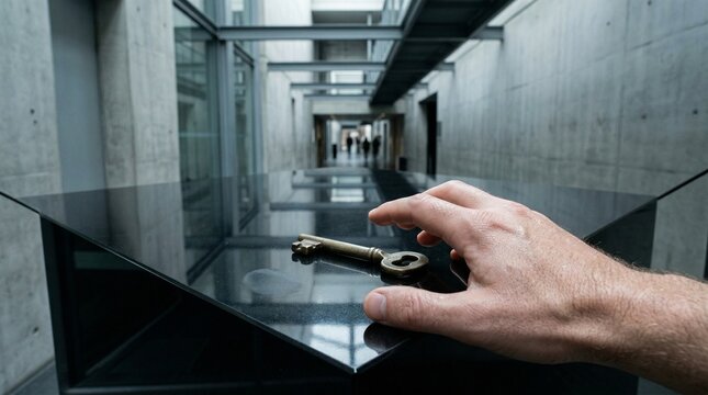 Hand Reaching for a Key on a Reflective Obsidian Surface
