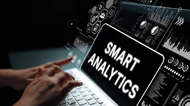 Modern Laptop Displaying Smart Analytics Data with Visual Graphics and User Interaction in Dark Office Environment. Asymptotic smart data analytic.