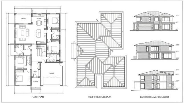 Architectural house blueprints and elevation layouts