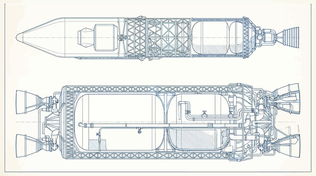 Blue technical blueprint of a rocket ship booster stage