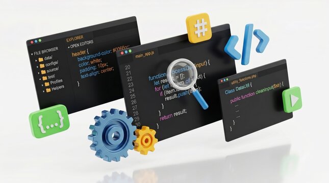 Modern software development and coding concept, abstract illustration of code editors, programming scripts, debug tools, and web application interface design elements for develo...