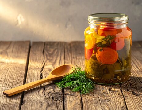 Homemade pickled vegetables in a glass jar with carrots, cucumbers, peppers, and fresh dill on a rustic wooden table in warm natural light
