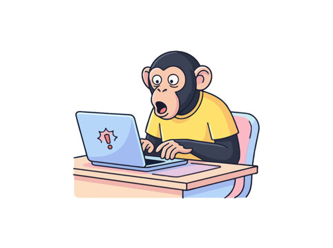 Shocked monkey wearing yellow shirt at computer with error alert on screen