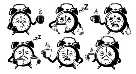 Fototapeta premium Six cartoon alarm clocks with arms holding coffee cups expressing sleepy or tired emotions