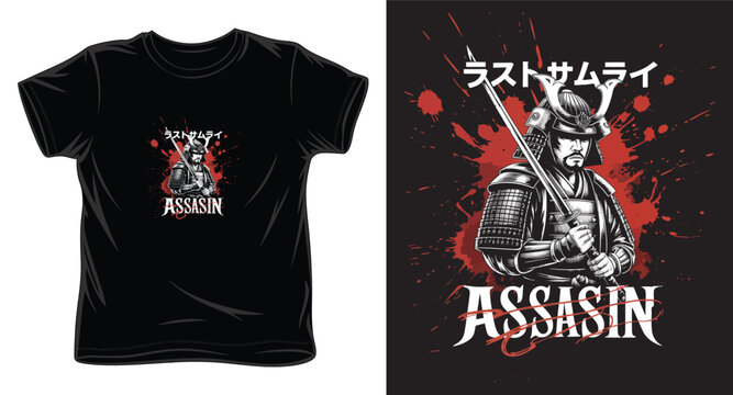 Last samurai assassin illustration with bloody splatter for t-shirt design.