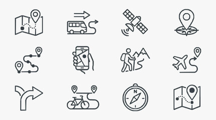 Fototapeta premium Professional Minimalist Black and White Line Icons Set Featuring Transportation Navigation and Adventure Symbols