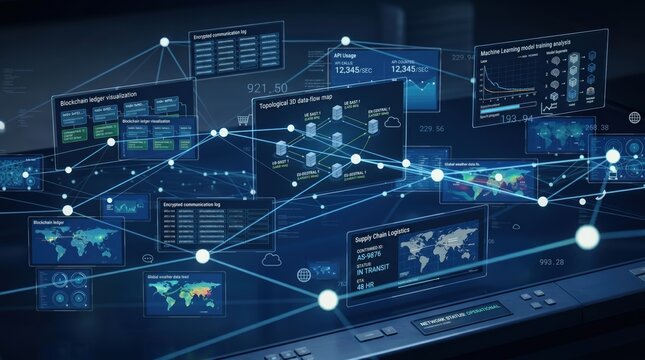 Futuristic digital network dashboard interface showing blockchain, API usage and data flow maps with glowing connection nodes on dark blue background for technology concept