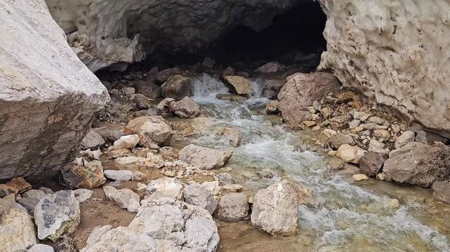 A large snow cave arches over a rocky mountain stream beside a huge boulder, opening onto snow-capped rugged peaks under a blue sky.
📍 Hawraman Takht, Kurdistan, Iran 