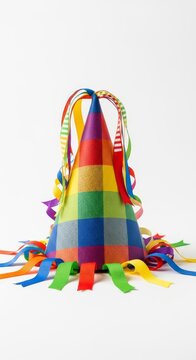 This vibrant rainbow plaid cone party hat features colorful ribbons and a geometric pattern, set against a clean white background, studio, event, cone