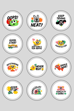 Cute Teacher Reward Sticker Sheet with Motivational Animal Puns and Encouraging Phrases for Kids Grading