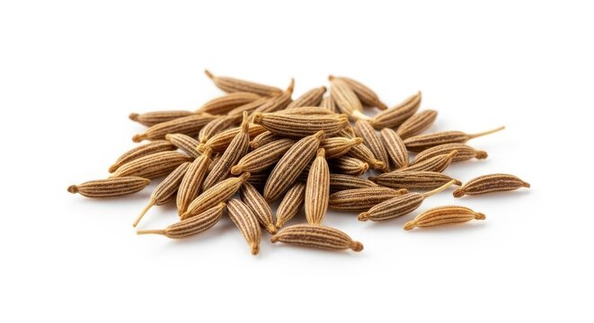 Premium whole cumin seeds isolated on a bright white studio surface, showcasing the texture and earthy color of this essential dried spice, pantry, pungent, cooking
