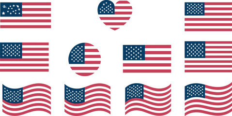 Obraz premium United States of America national flag vector set with waving rectangle circle and heart shapes isolated on white
