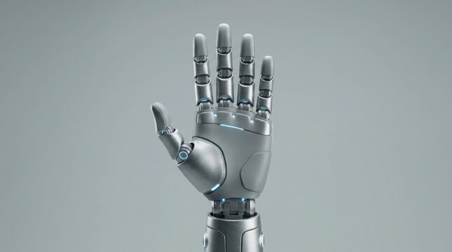 Futuristic humanoid robotic hand reaching up towards light on grey background.