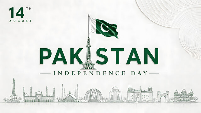 Celebrate Pakistan Independence Day (14 August) with this elegant luxury greeting card featuring a sparkling emerald green and gold crescent moon, decorative hanging ornaments with crescent and star

