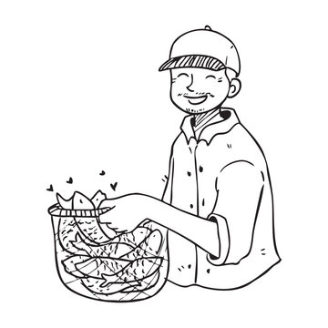 Fish farm worker placing harvested fish into keepnet basket during pond cultivation, illustration