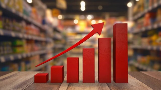 インフレで木製テーブル上の赤い棒グラフと上昇矢印がスーパー店内を背景に家計負担の増加を示す深刻な状況