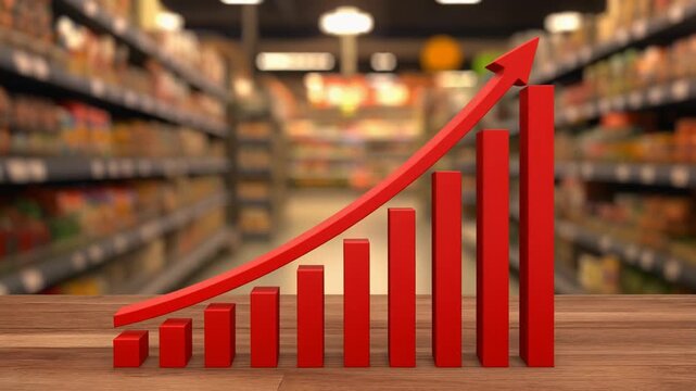 インフレで木製テーブル上の赤い立体グラフと右肩上がりの矢印がスーパーを背景に価格上昇を示し生活を圧迫