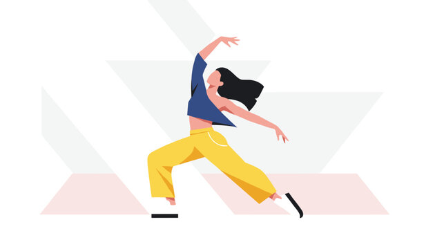 Graceful young woman dancing modern contemporary jazz on an abstract background with stripes and shapes.