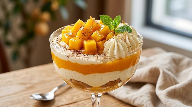 Fresh mango mousse dessert in a glass bowl with mint leaves on a wooden table. Mango Mousse Recipe