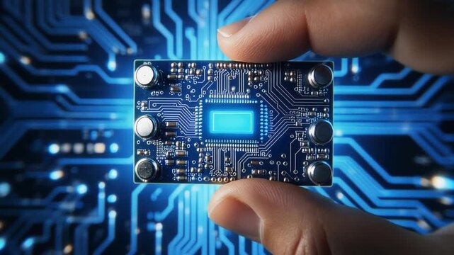 指先で持った小型プリント基板の微細な回路と発光部品が青く光る電子回路の背景で鮮やかな光を放つ未来空間