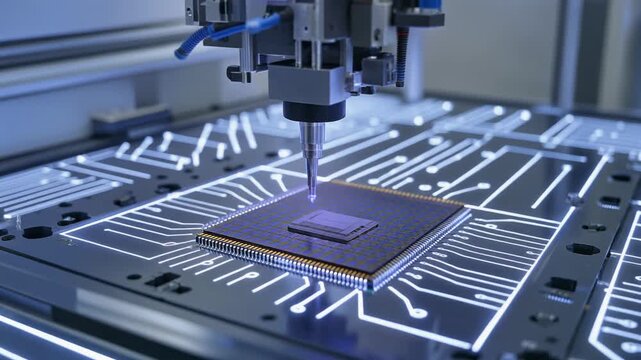 シリコンウエハー上の高性能プローブヘッドが青白い電子回路に囲まれNAND型メモリを検査する