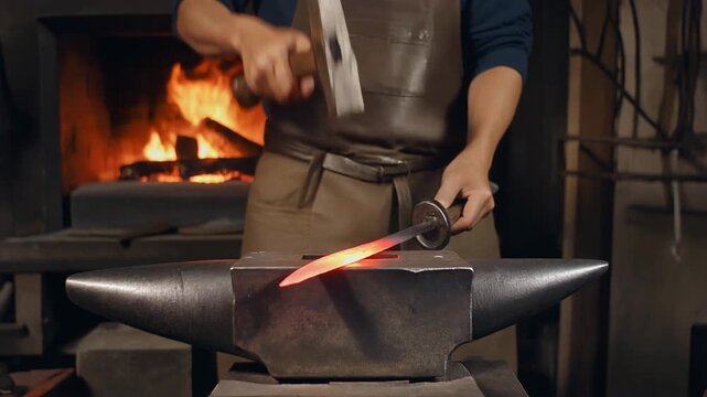 男性刀鍛冶職人が赤熱した刀身先端へ工具を当て白熱から赤橙色へ変わる鋼を暗い炉光の中で整える