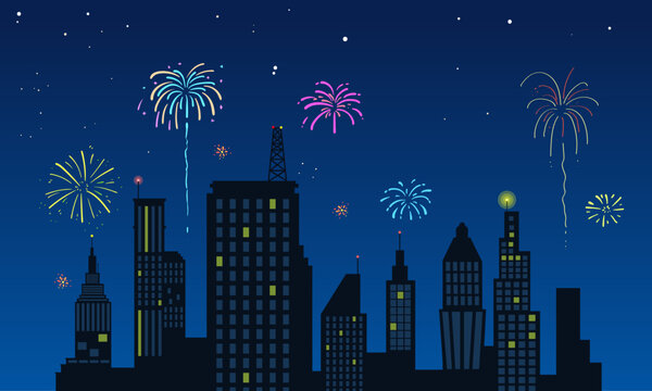 City fire work vector colorful scene illustration