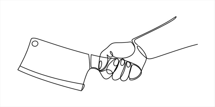 Continuous single line drawing of a hand holding a meat cleaver kitchen knife for cooking and food preparation as a minimalist vector illustration