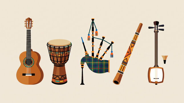 Traditional Bagpipes and Djembe Drum Folk Instruments