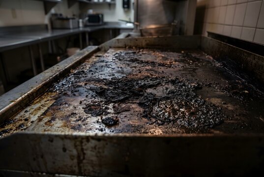 Close up of a commercial gas griddle surface caked with burnt grease and heavy grime